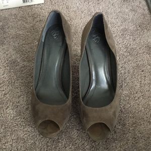BCBG grey suede peep toe heels